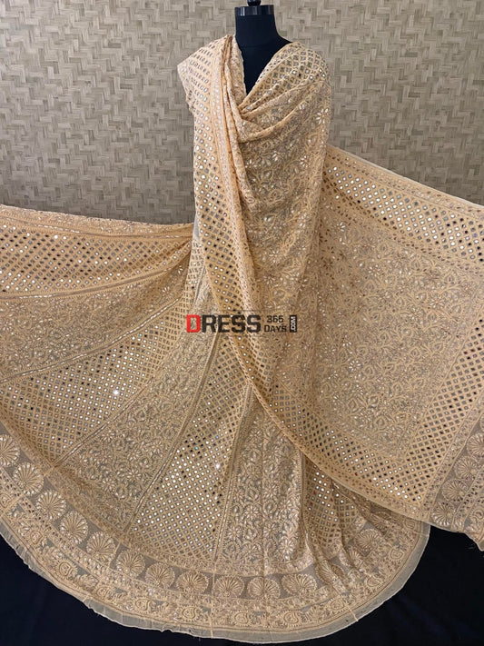 Beige Lucknowi Mirror & Gota Patti Work Lehenga Set Chikankari