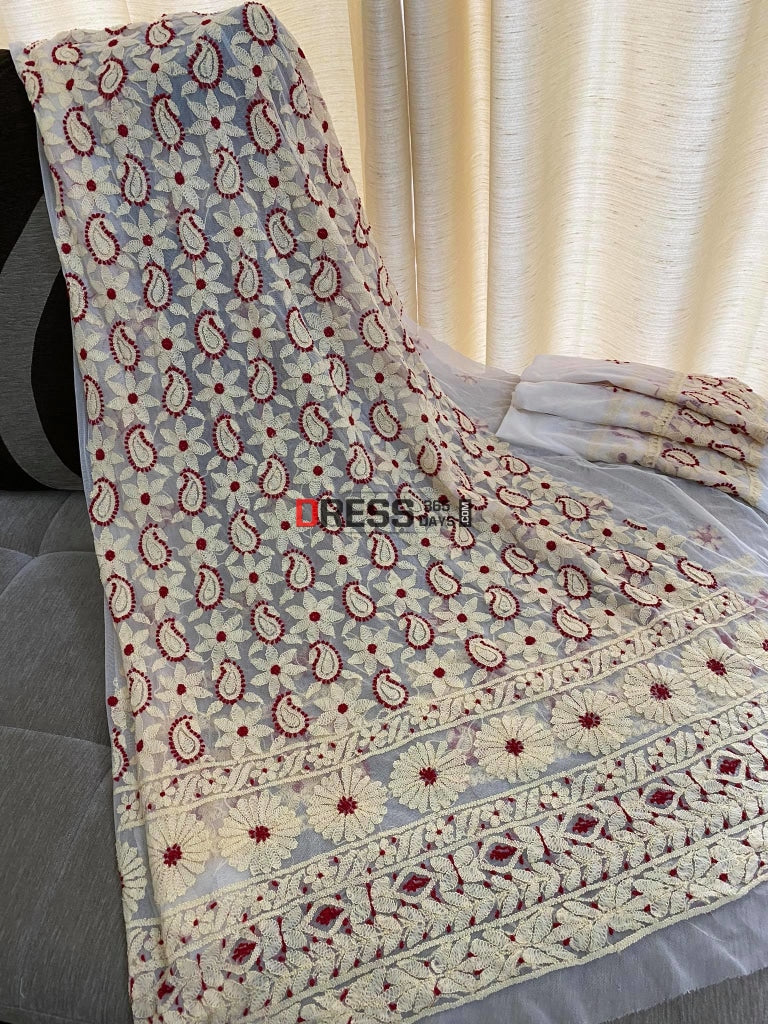 Beige & Maroon Net Chikankari Suit Suits