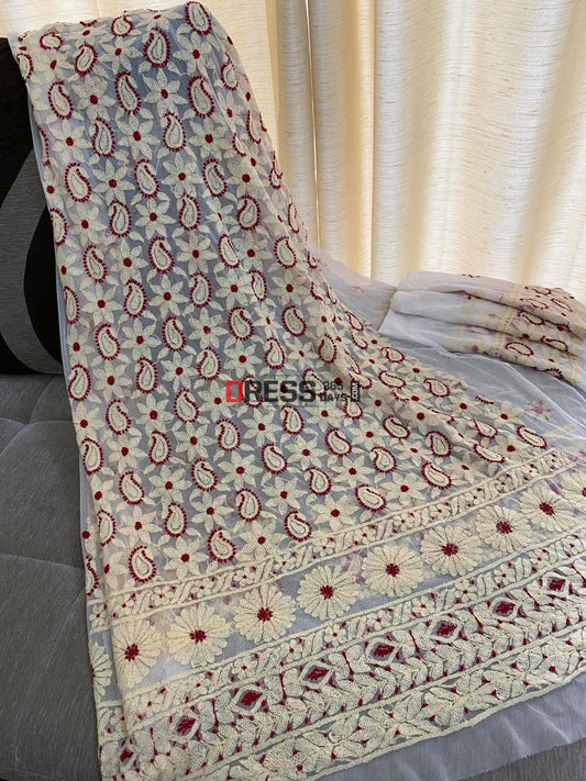 Beige & Maroon Net Chikankari Suit Suits