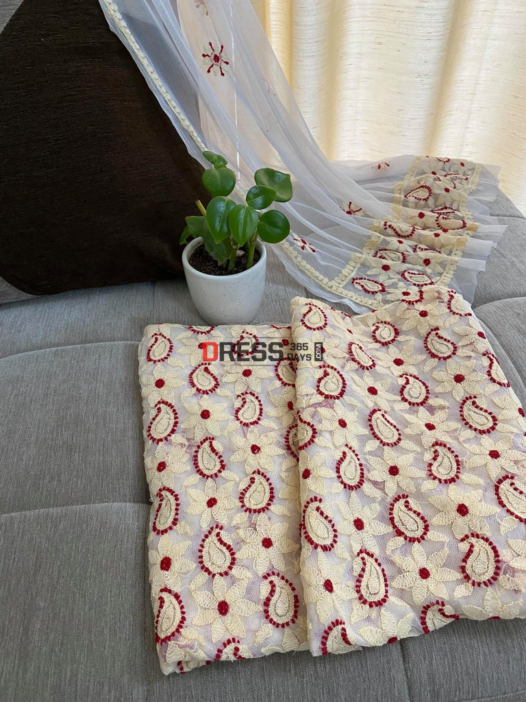 Beige & Maroon Net Chikankari Suit Suits