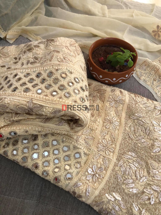 Beige Mirror And Gota Patti Lucknowi Anarkali Suit Chikankari