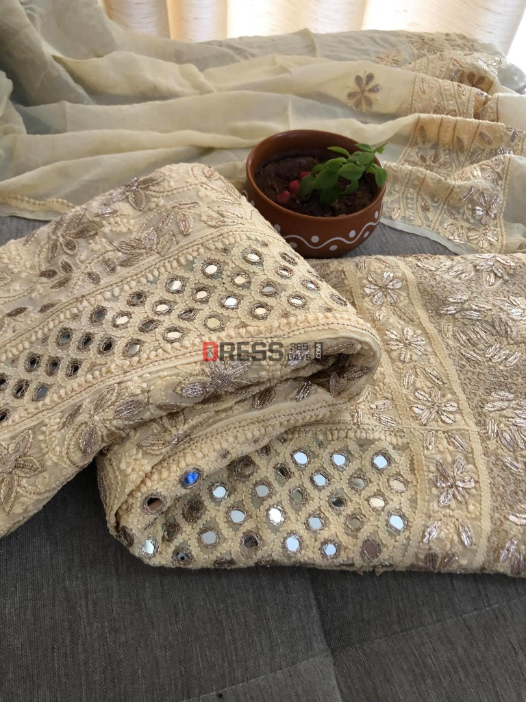 Beige Mirror And Gota Patti Lucknowi Anarkali Suit Chikankari