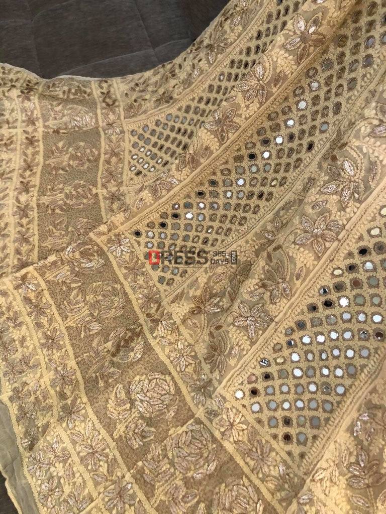 Beige Mirror And Gota Patti Lucknowi Anarkali Suit Chikankari