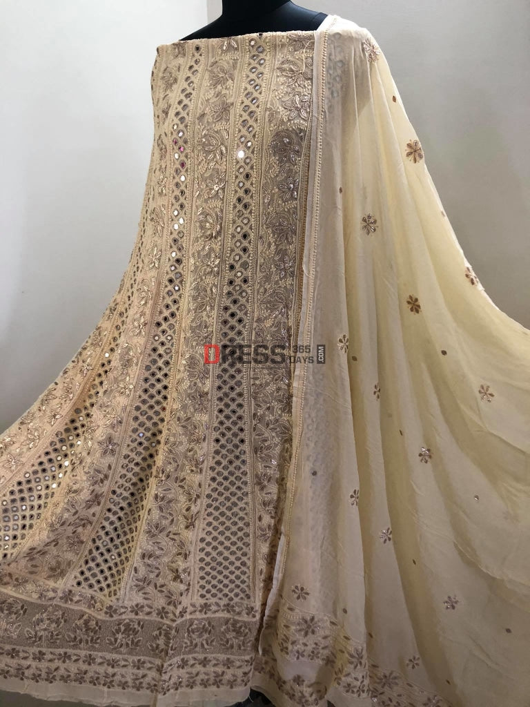 Beige Mirror And Gota Patti Lucknowi Anarkali Suit Chikankari