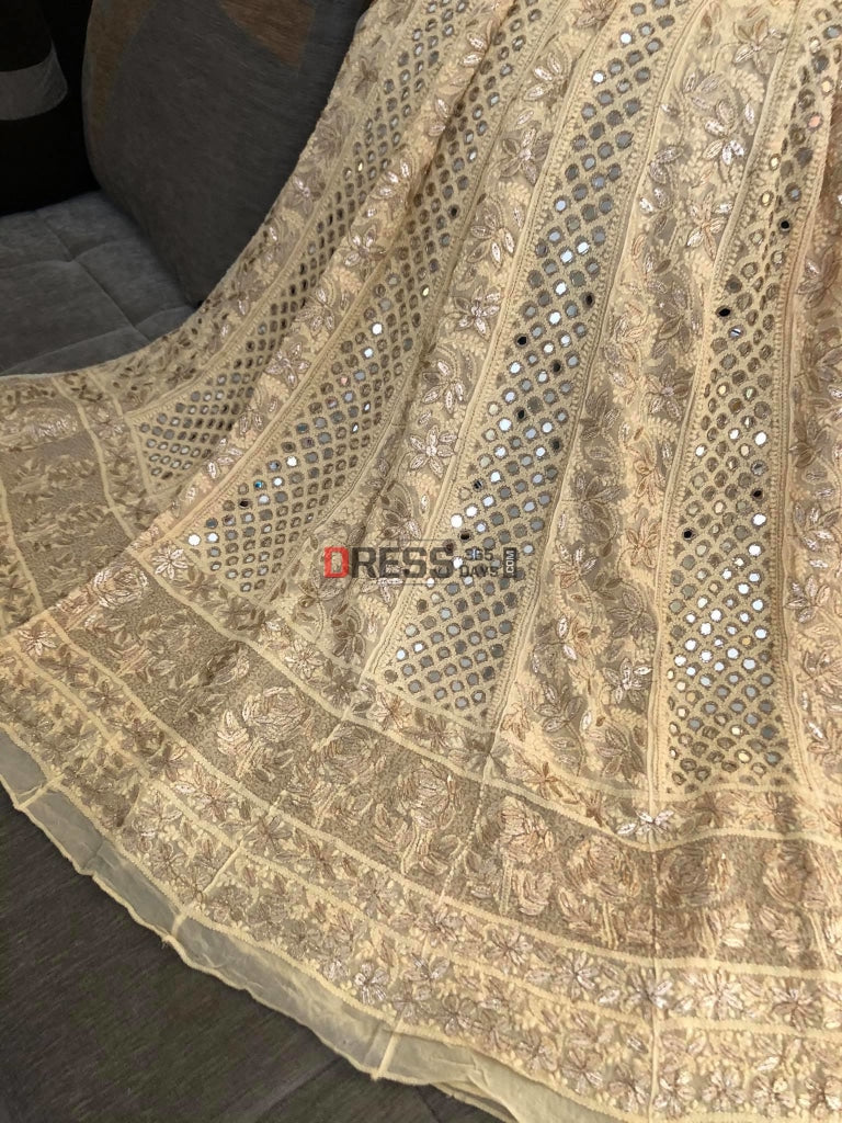 Beige Mirror And Gota Patti Lucknowi Anarkali Suit Chikankari