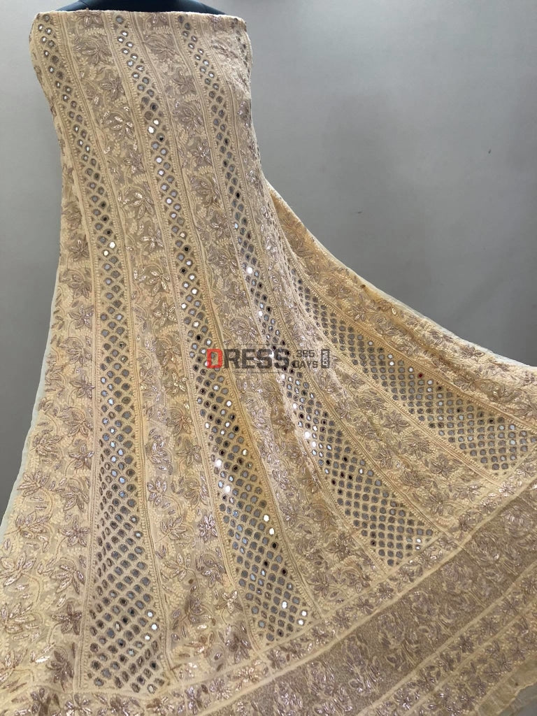 Beige Mirror And Gota Patti Lucknowi Anarkali Suit Chikankari