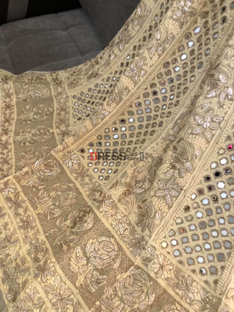 Beige Mirror And Gota Patti Lucknowi Anarkali Suit Chikankari