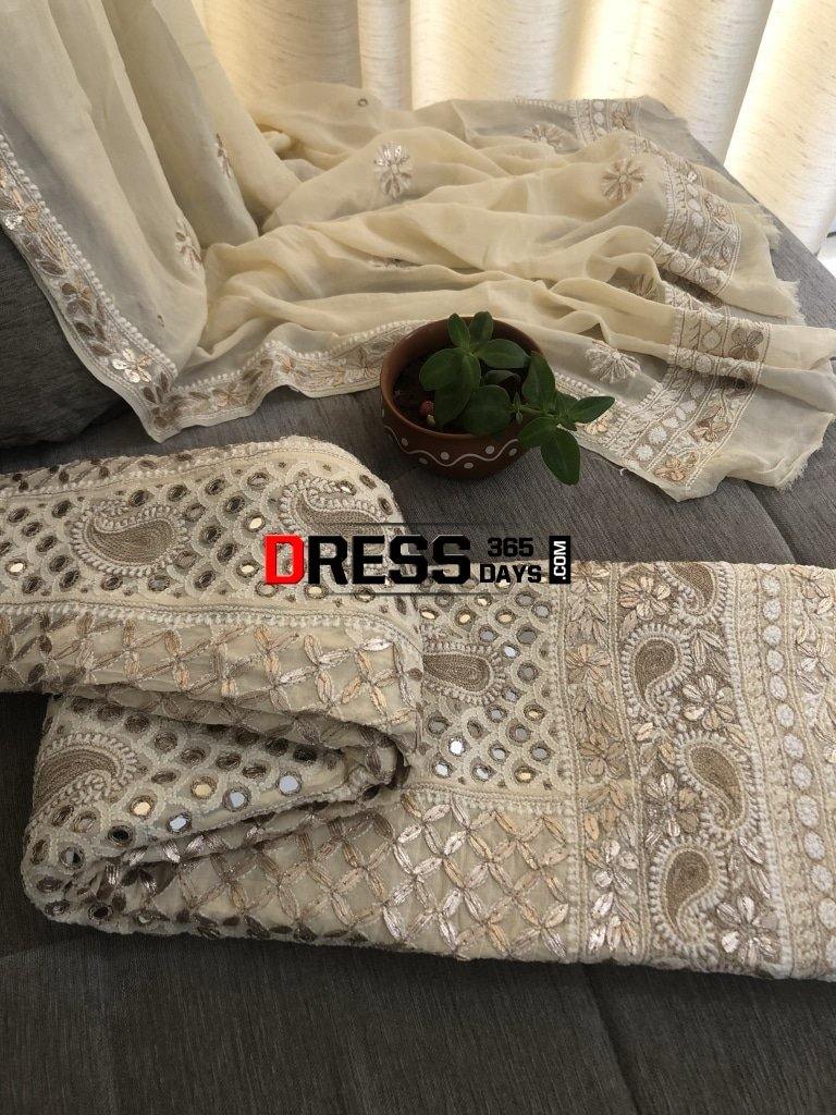 Beige Mirror & Gota Chikankari Anarkali Suit