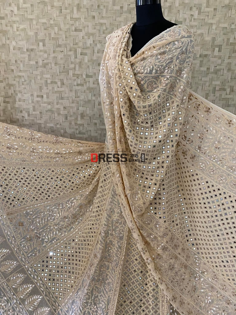 Beige Mirror & Gota Patti Chikankari Lehenga Set