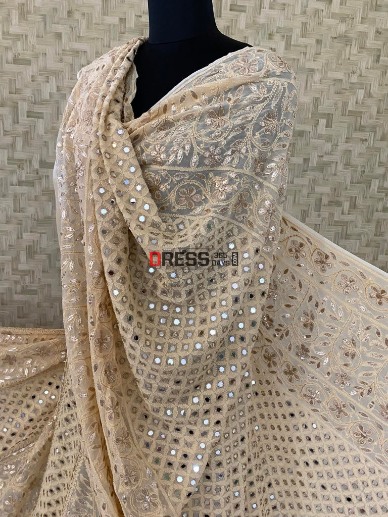 Beige Mirror & Gota Patti Chikankari Lehenga Set