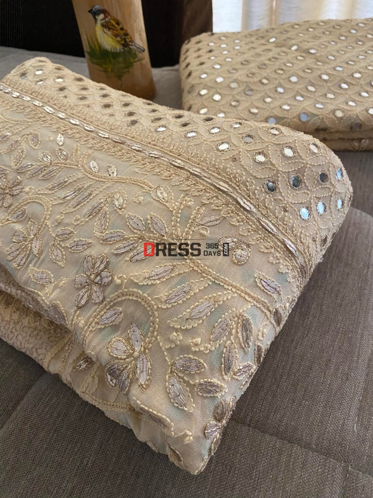 Beige Mirror & Gota Patti Chikankari Lehenga Set