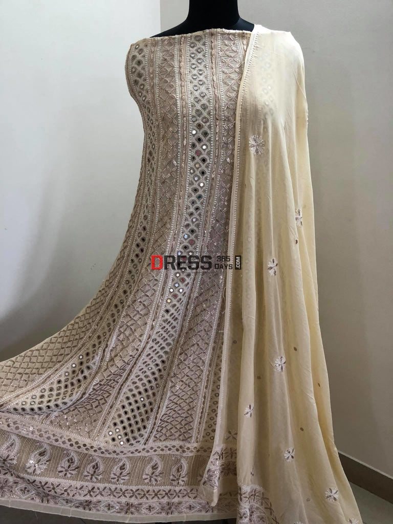 Beige Mirror Lucknowi Anarkali Suit Chikankari