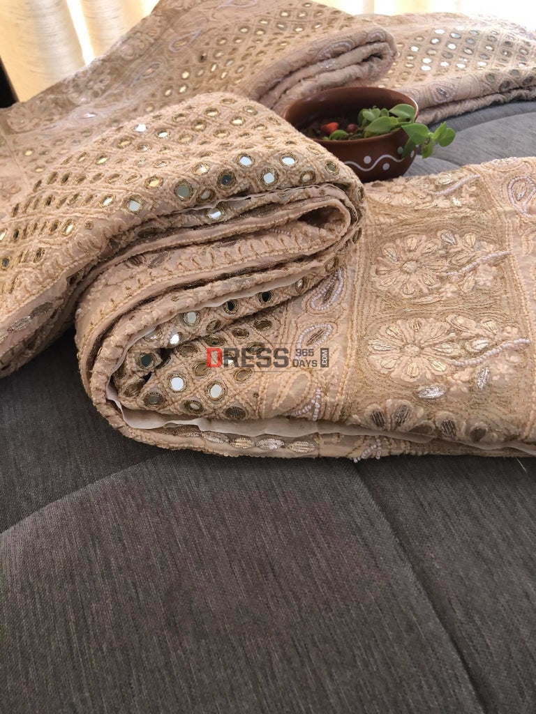 Beige Mirror Pearl & Gota Patti Chikankari Lehenga Set