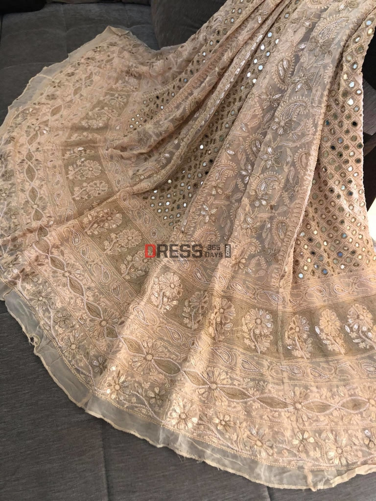 Beige Mirror Pearl & Gota Patti Chikankari Lehenga Set