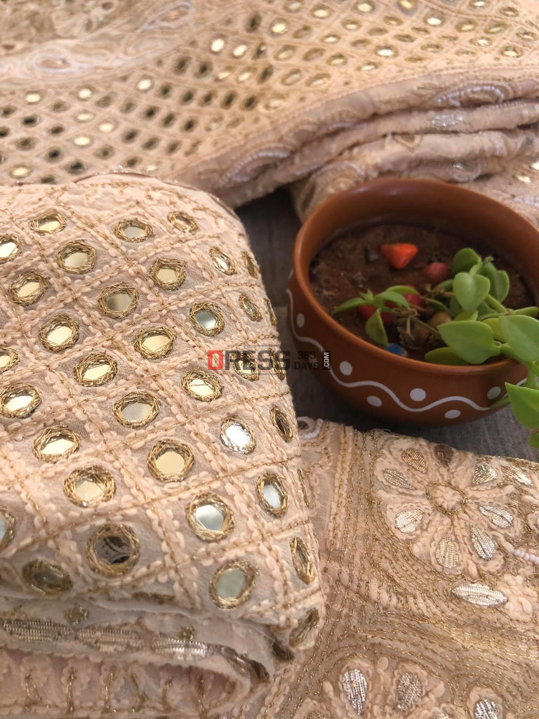Beige Mirror Pearl & Gota Patti Chikankari Lehenga Set