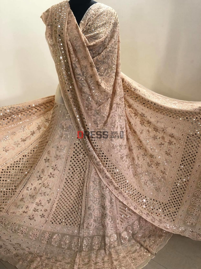 Beige Mirror Pearl & Gota Patti Chikankari Lehenga Set