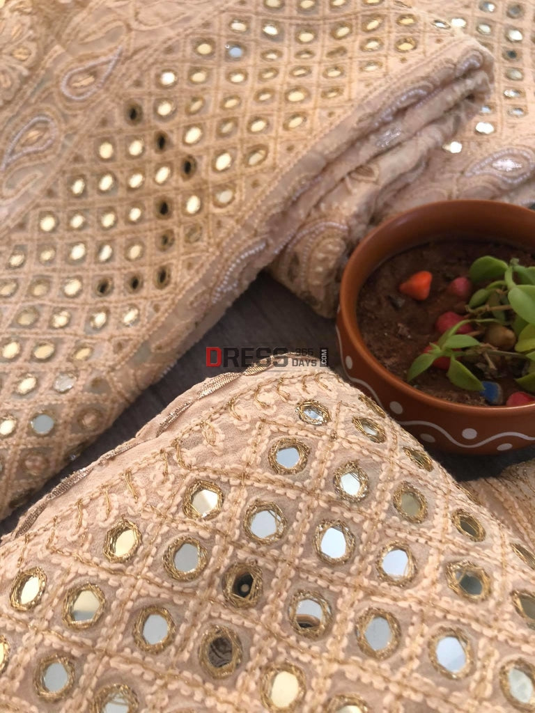 Beige Mirror Pearl & Gota Patti Chikankari Lehenga Set