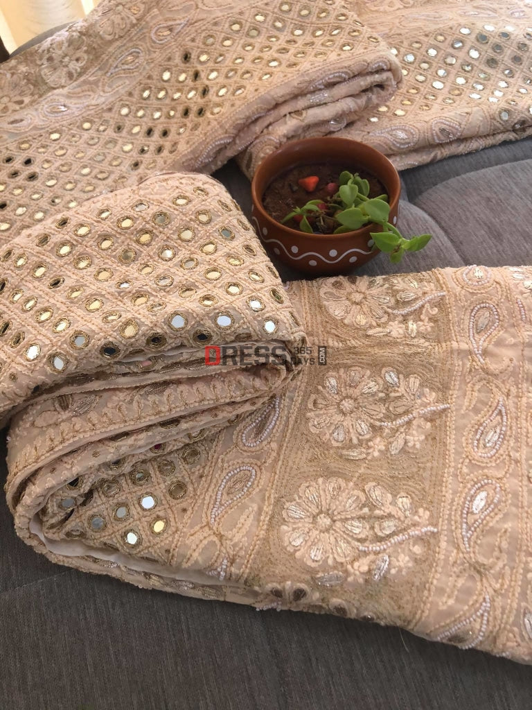 Beige Mirror Pearl & Gota Patti Chikankari Lehenga Set