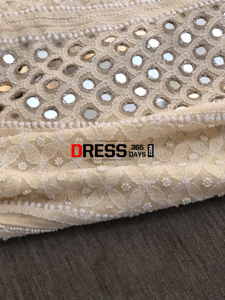 Beige Mirror & Pearls Chikankari Anarkali Suit