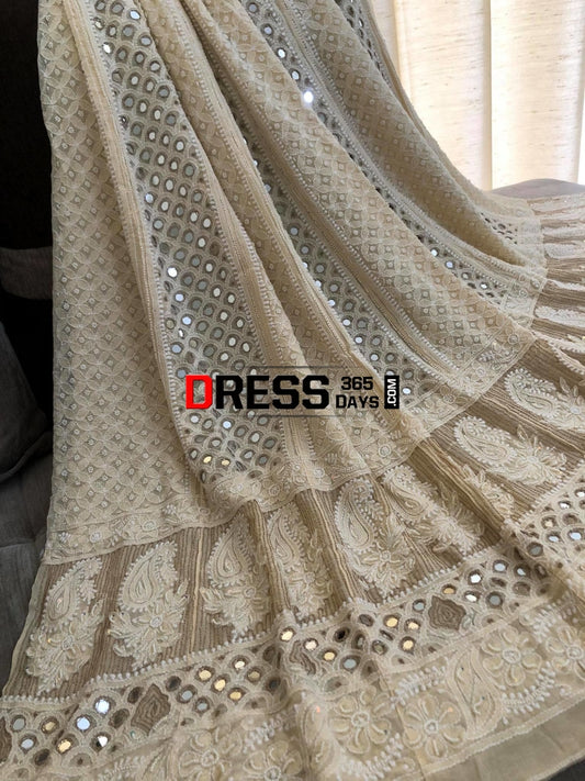 Beige Mirror & Pearls Chikankari Anarkali Suit