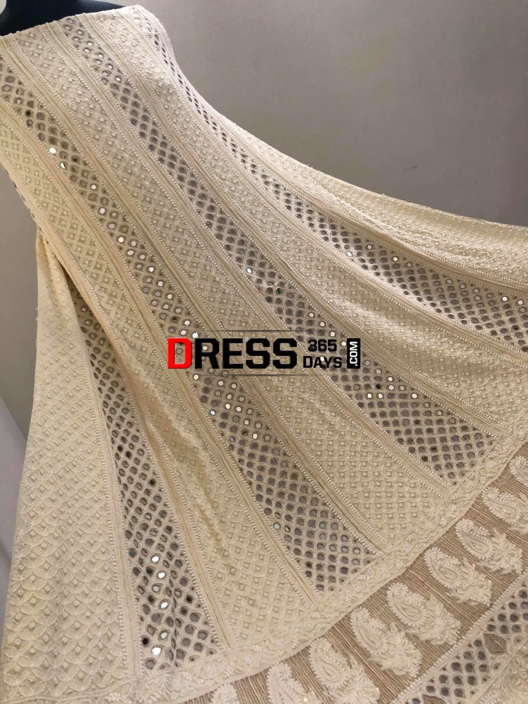 Beige Mirror & Pearls Chikankari Anarkali Suit