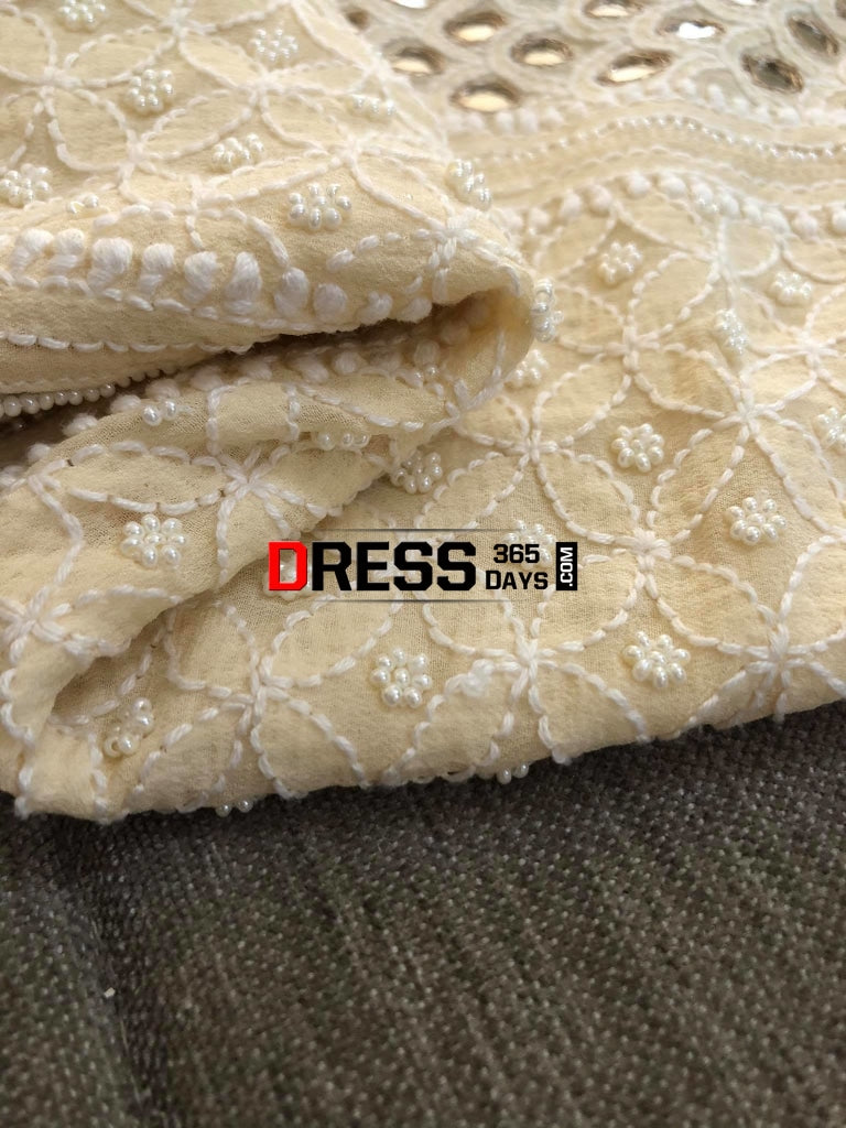 Beige Mirror & Pearls Chikankari Anarkali Suit