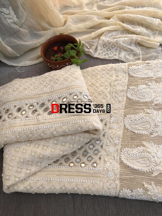 Beige Mirror & Pearls Chikankari Anarkali Suit