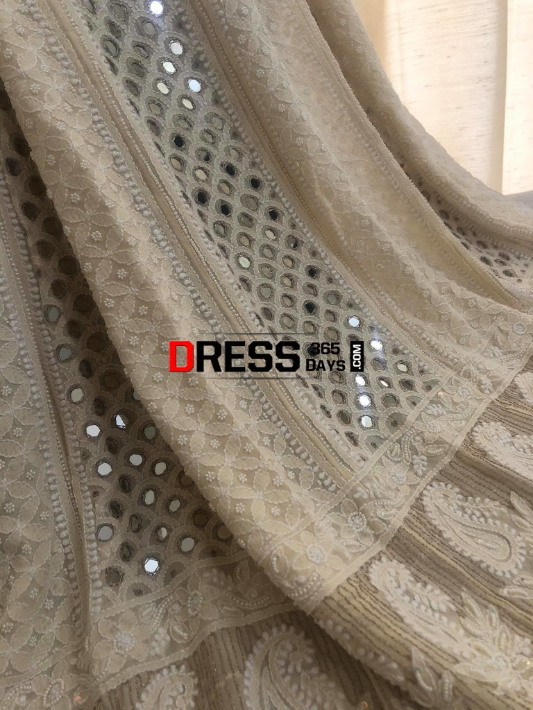 Beige Mirror & Pearls Chikankari Anarkali Suit
