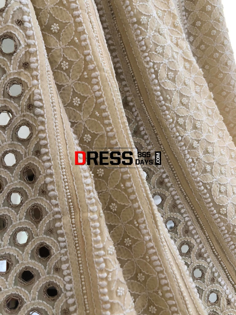 Beige Mirror & Pearls Chikankari Anarkali Suit