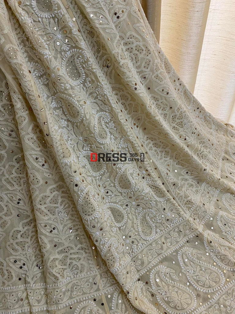 Beige Mukaish Chikankari Lehenga Skirt (Only Skirt)