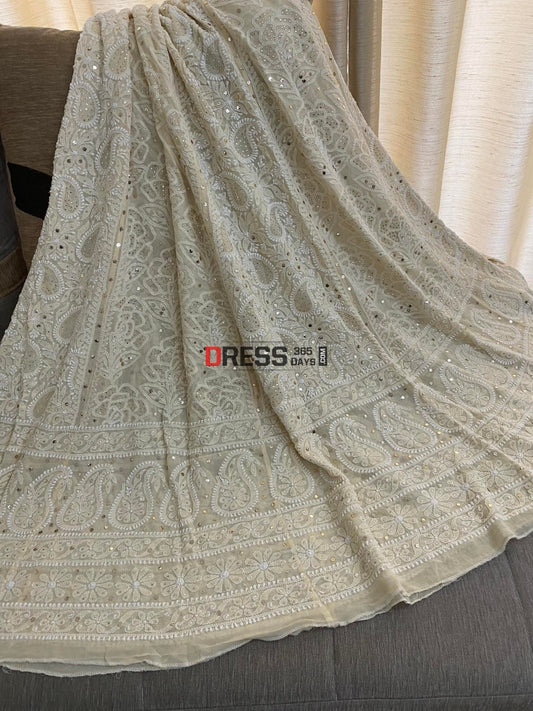 Beige Mukaish Chikankari Lehenga Skirt (Only Skirt)