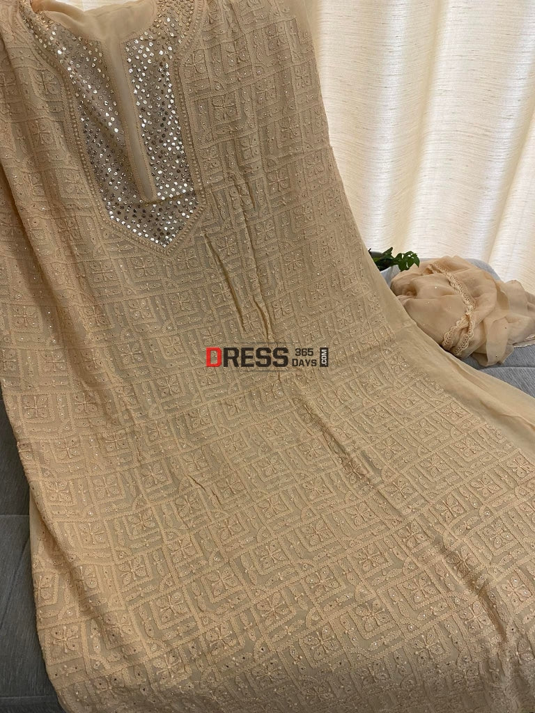 Beige Mukaish Neckline Chikankari Kurta Dupatta Suits