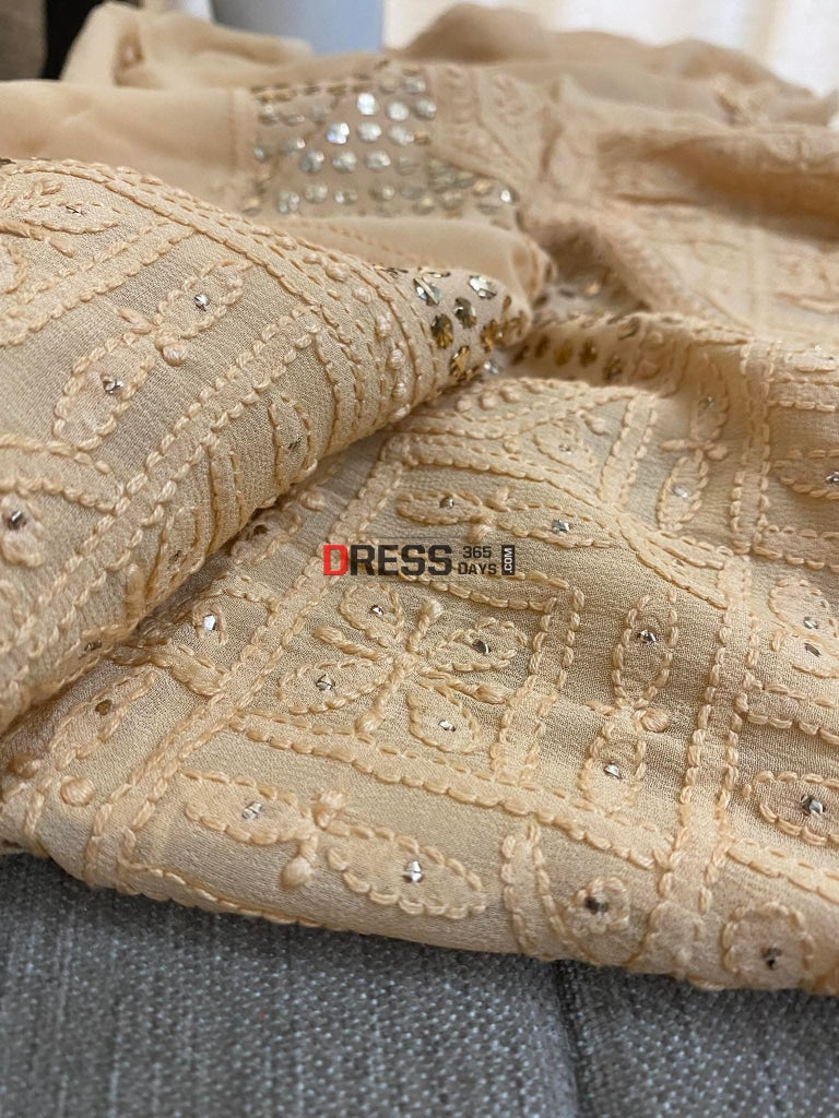 Beige Mukaish Neckline Chikankari Kurta Dupatta Suits