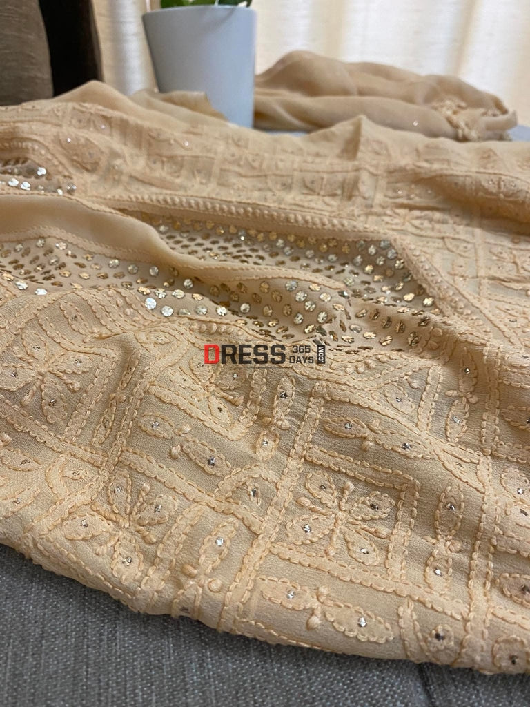Beige Mukaish Neckline Chikankari Kurta Dupatta Suits