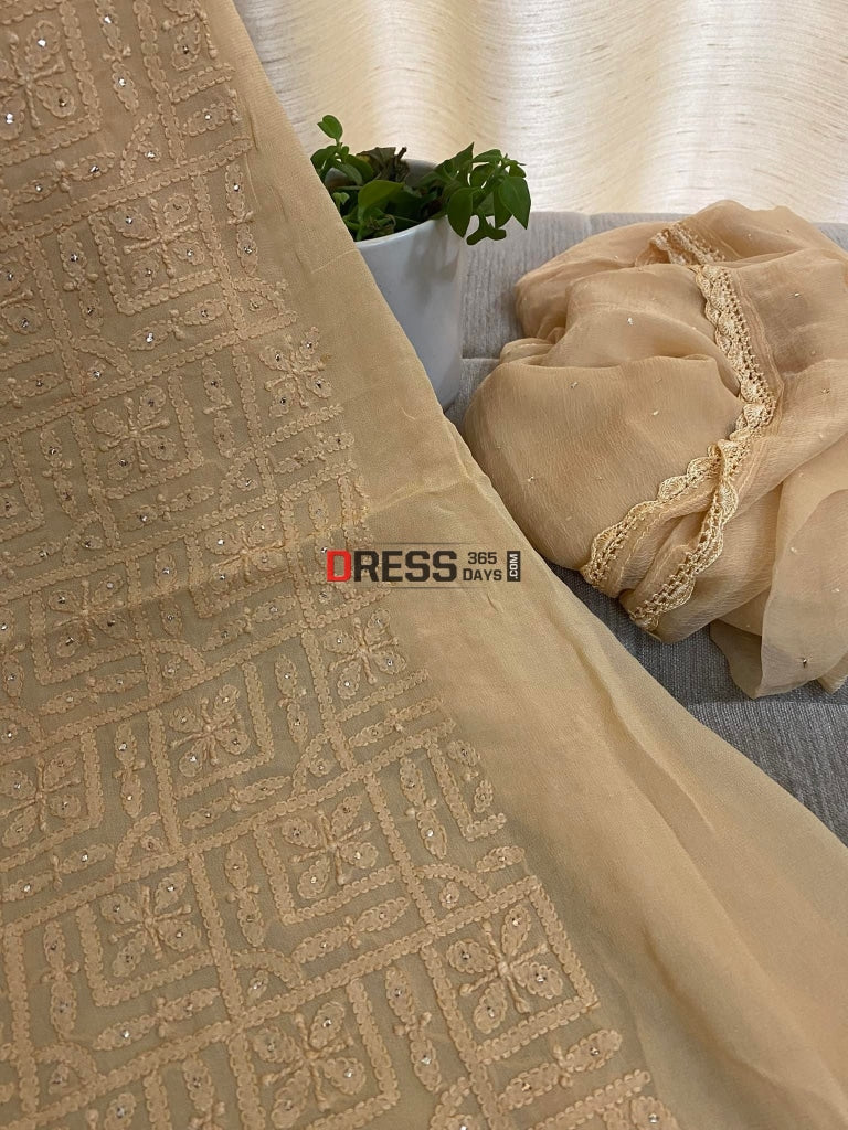 Beige Mukaish Neckline Chikankari Kurta Dupatta Suits