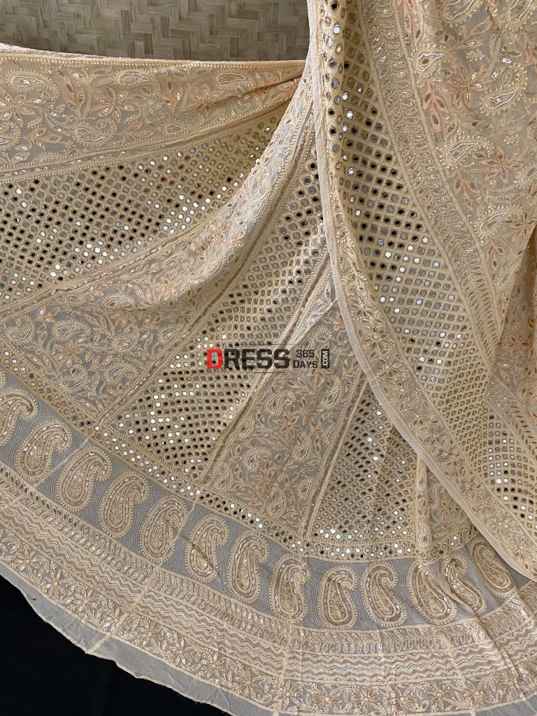 Beige Multicolour Chikankari Pearls & Mirror Lehenga Set