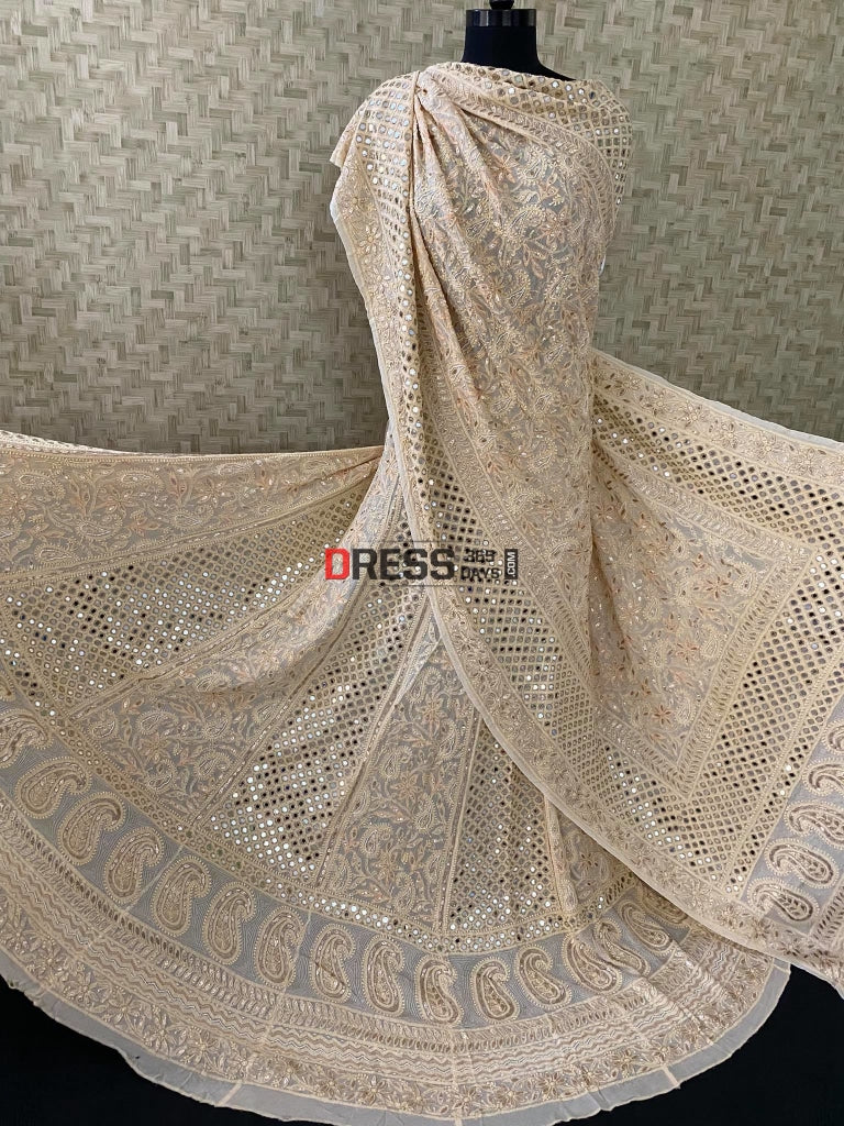 Beige Multicolour Chikankari Pearls & Mirror Lehenga Set