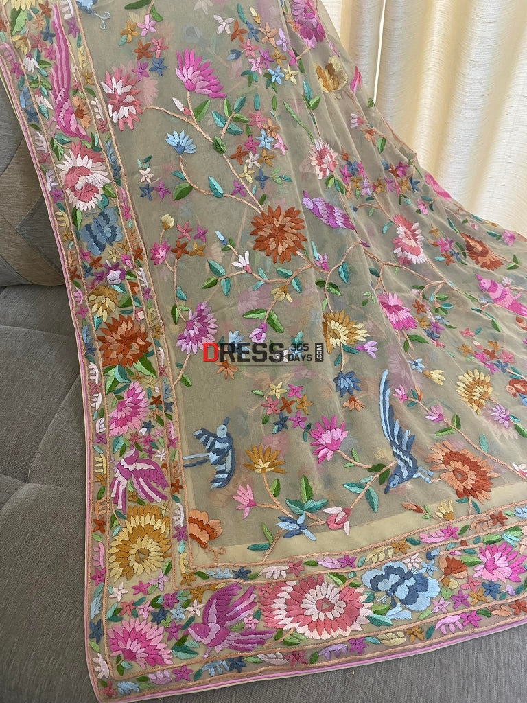 Beige Multicolour Parsi Gara Dupatta
