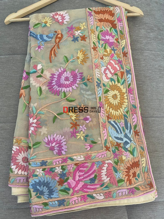 Beige Multicolour Parsi Gara Dupatta