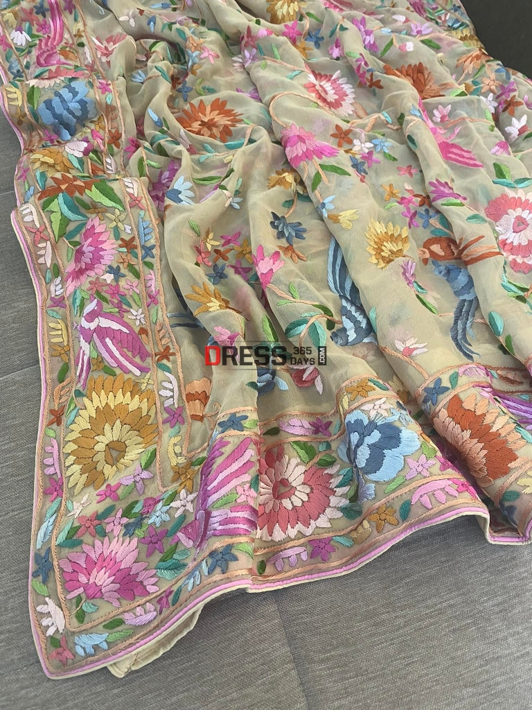 Beige Multicolour Parsi Gara Dupatta