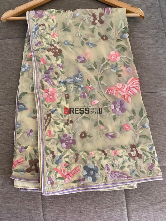 Beige Multicolour Parsi Gara Dupatta