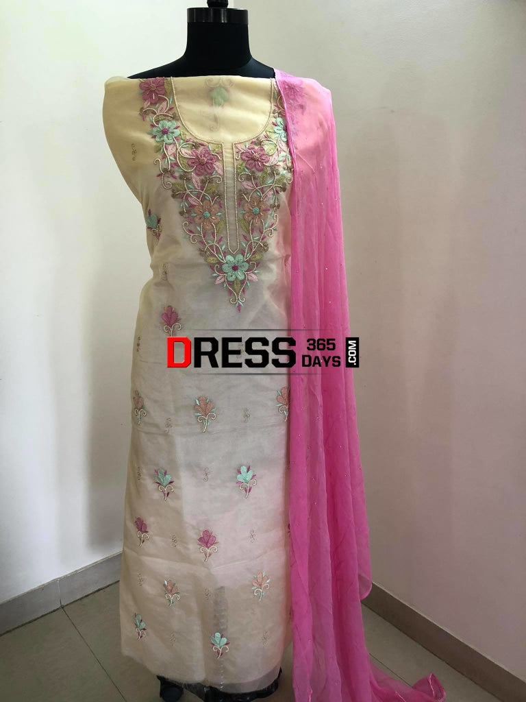 Beige Multicolur Chikankari & Beads Suit Suits