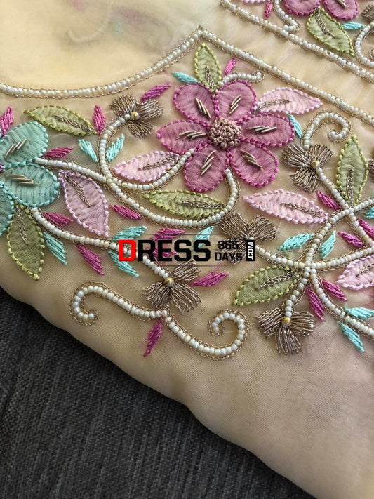 Beige Multicolur Chikankari & Beads Suit Suits