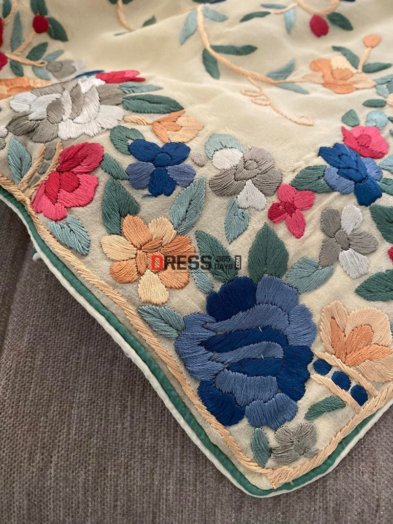 Beige Parsi Gara Saree With Multicolour Embroidery