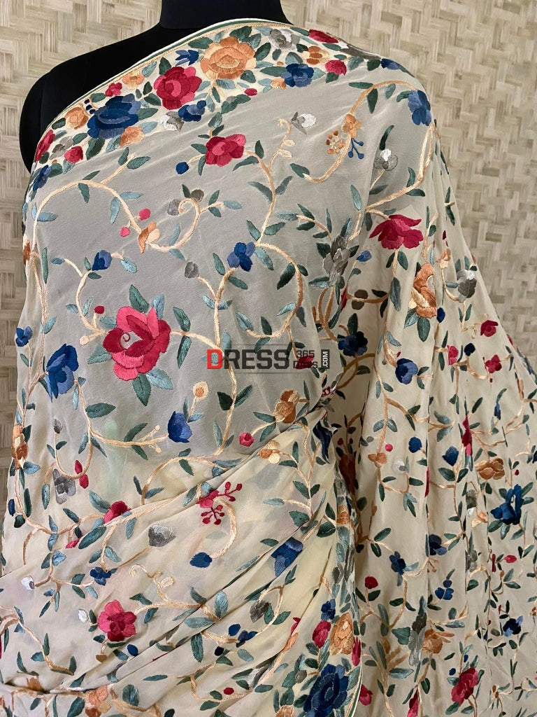 Beige Parsi Gara Saree With Multicolour Embroidery