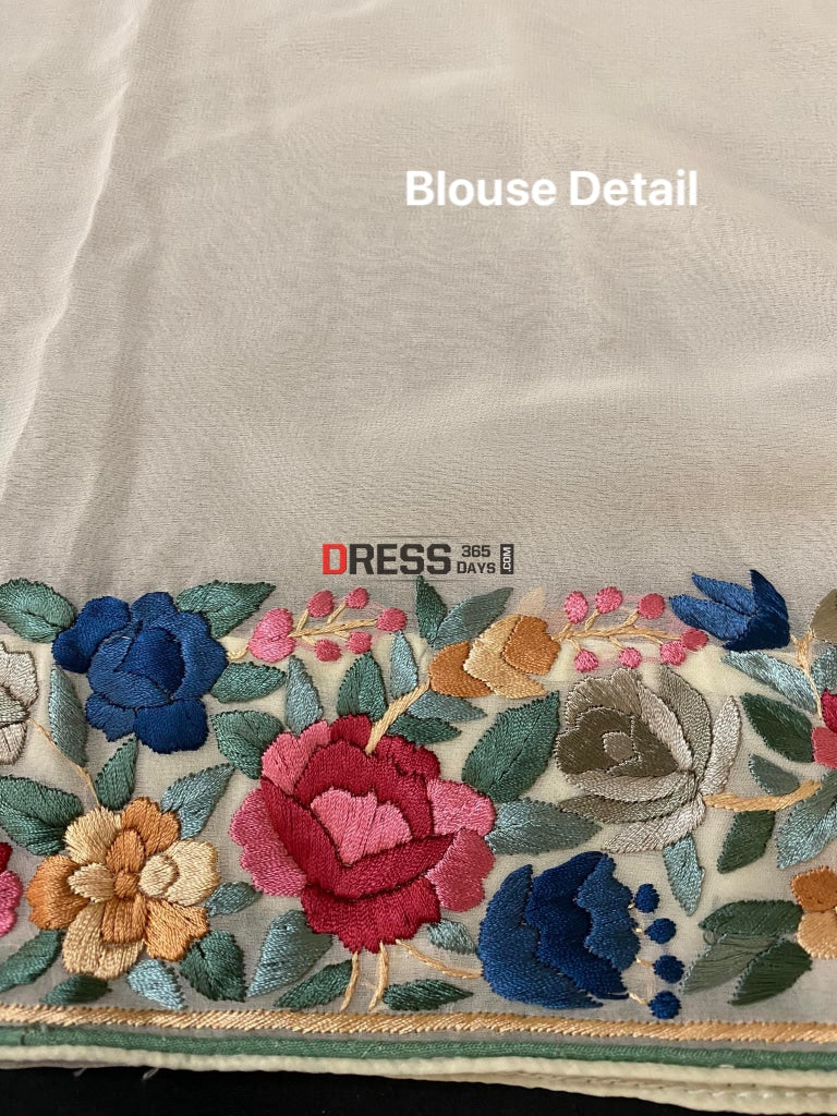 Beige Parsi Gara Saree With Multicolour Embroidery