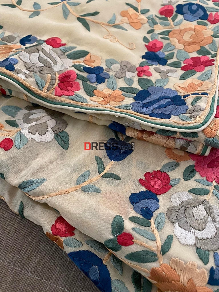Beige Parsi Gara Saree With Multicolour Embroidery