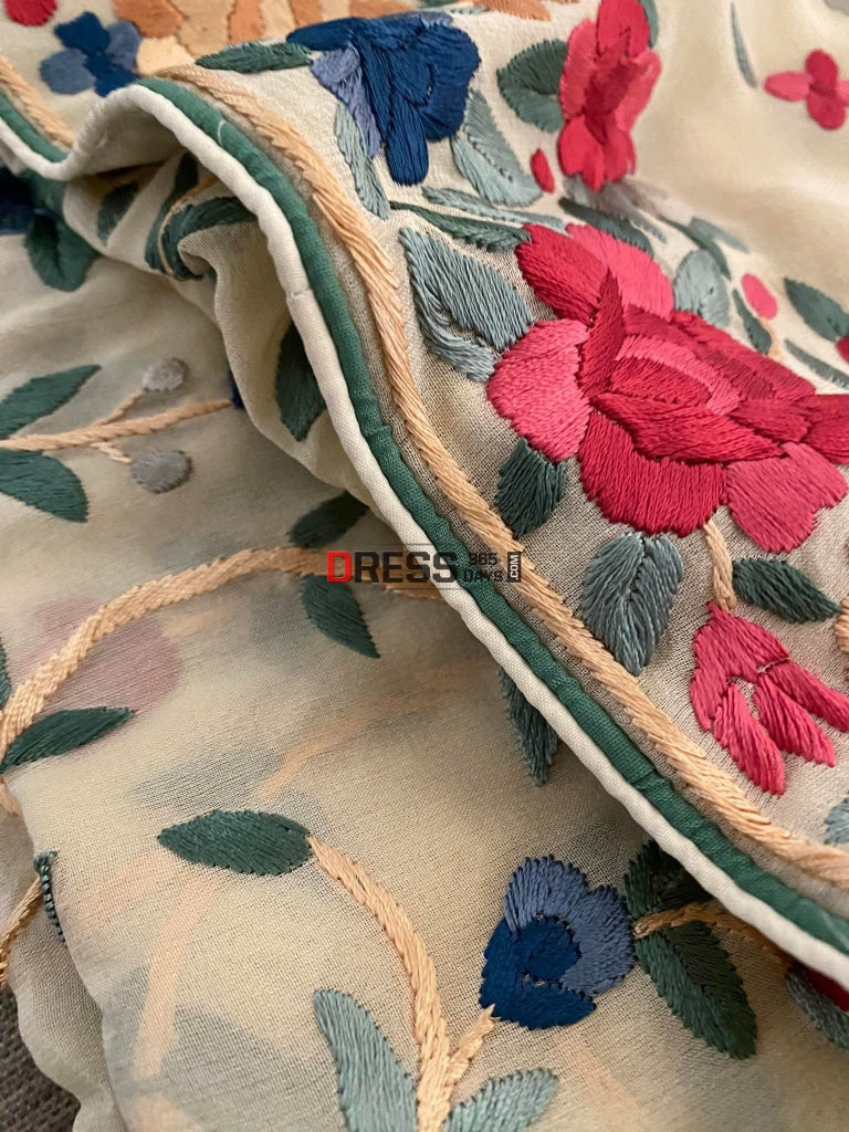 Beige Parsi Gara Saree With Multicolour Embroidery