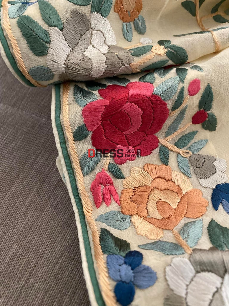 Beige Parsi Gara Saree With Multicolour Embroidery