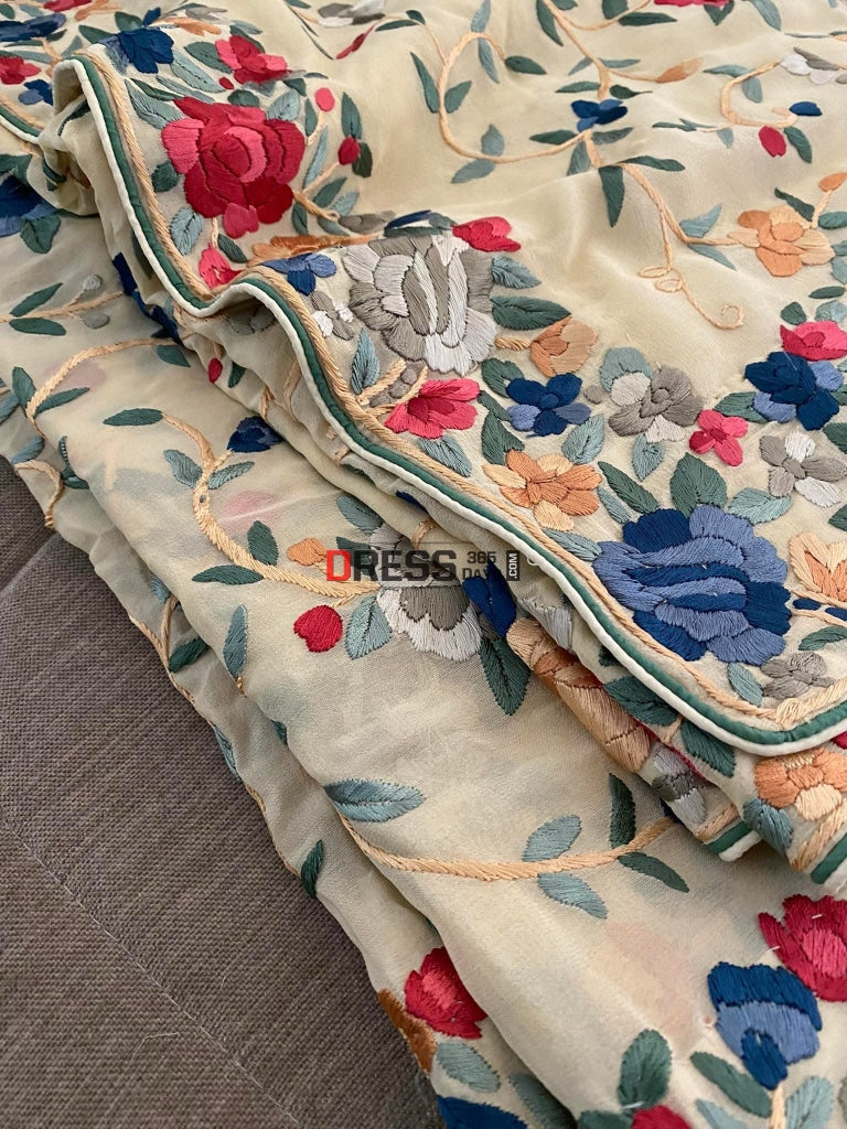 Beige Parsi Gara Saree With Multicolour Embroidery